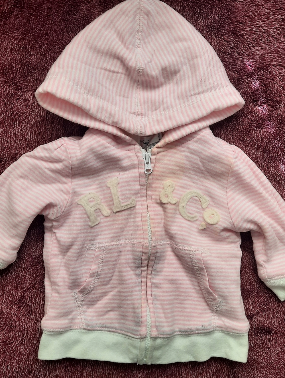 Polo Ralph Lauren Baby Girl Striped Zip Up Hoodie Sweater Size 6 Months Pink